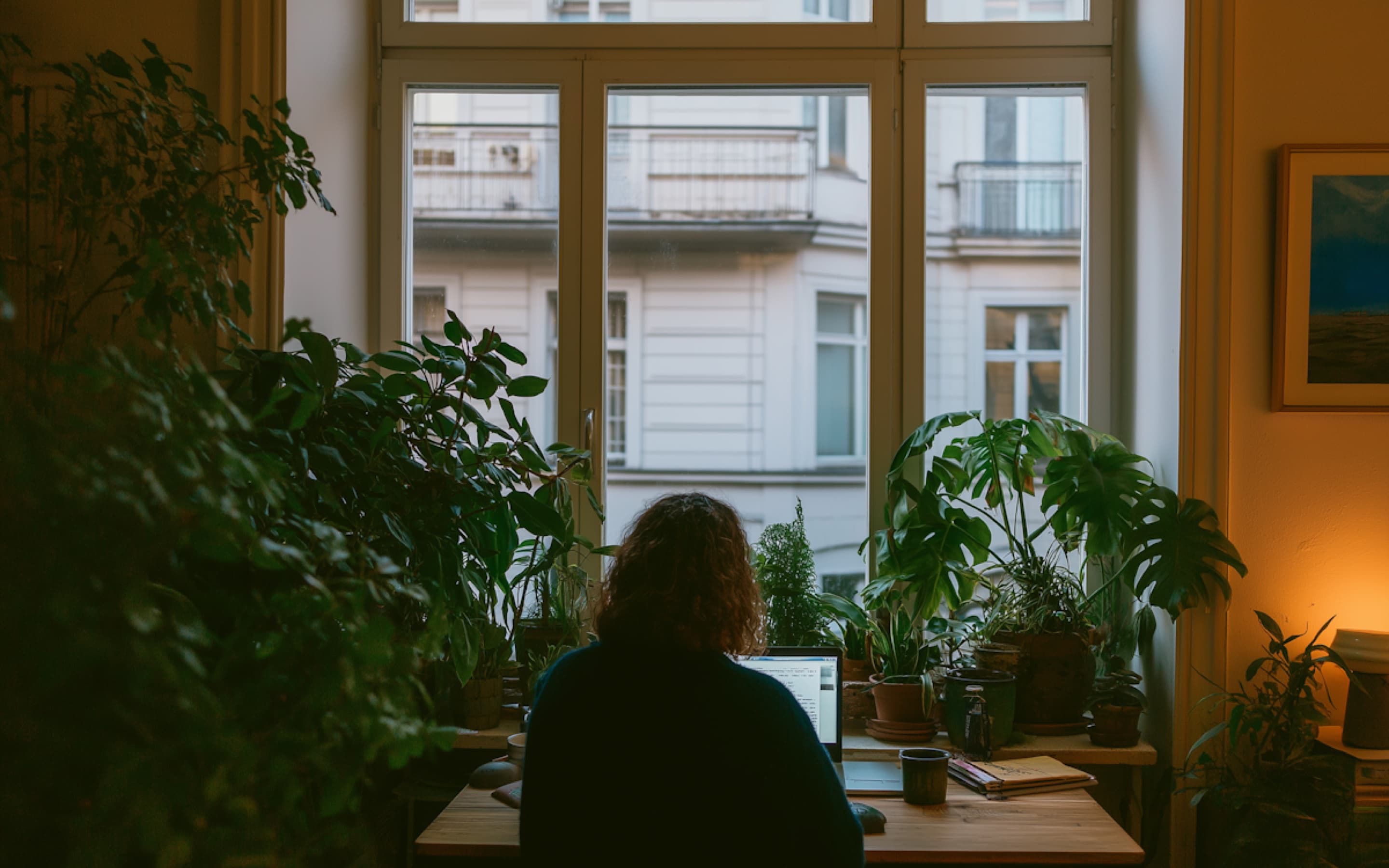 A clinician working at a plant-filled desk by a large window